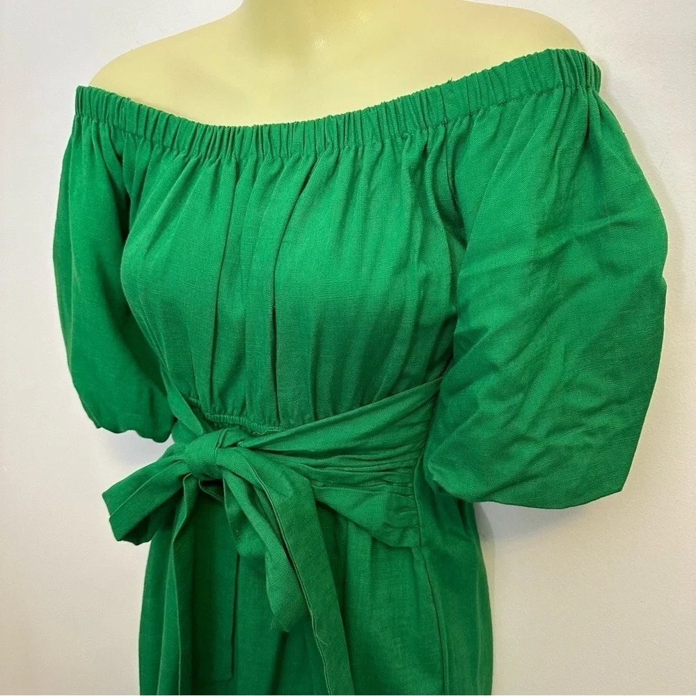 VICI SkyLar Rose Kelly Green Linen Balloon Sleeve Mini Dress size XS